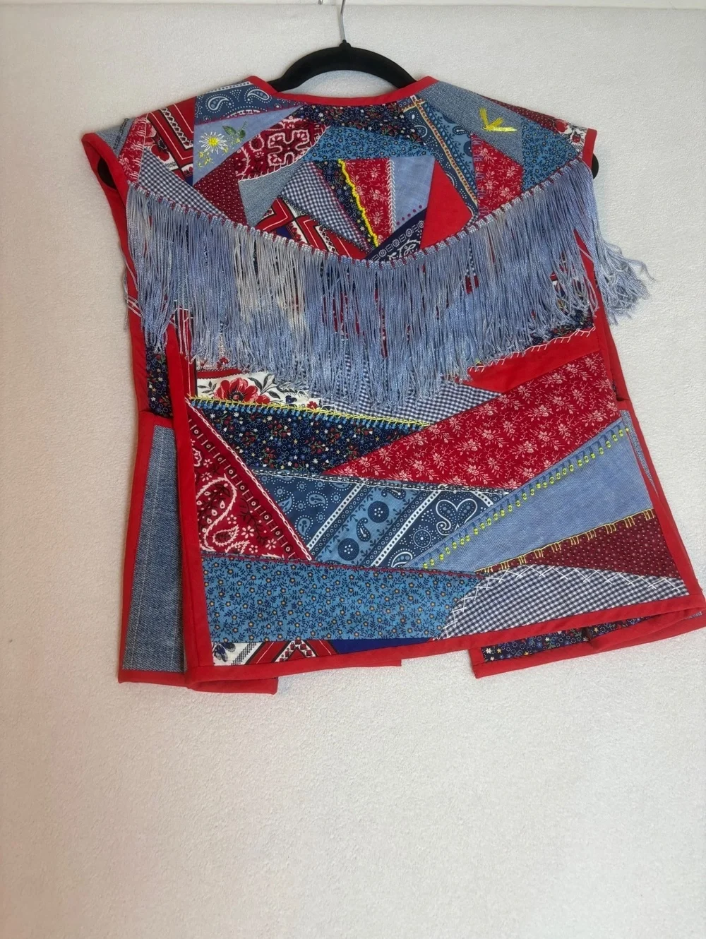 Handmade Patchwork Vest with Vibrant Colors and Light Blue Fringe Size Large